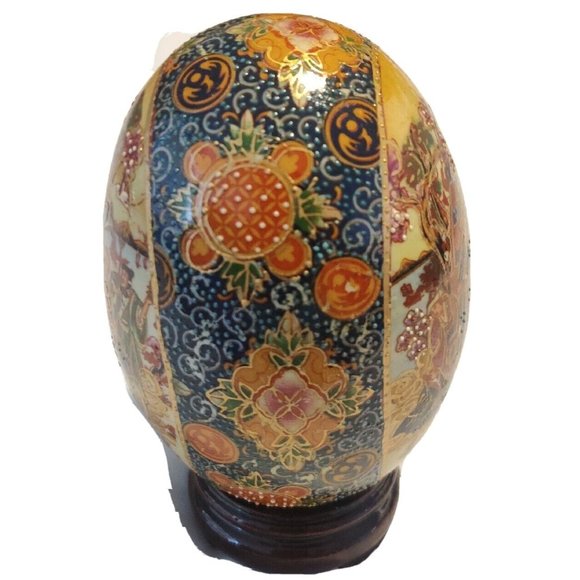 Vintage Chinese Ceramic Eggs Large 5x3" Festive Hand Painted W/ Wooden Pedestal - Picture 3 of 16